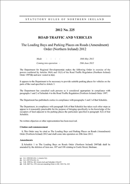 The Loading Bays and Parking Places on Roads (Amendment) Order (Northern Ireland) 2012