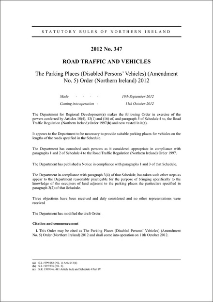 The Parking Places (Disabled Persons’ Vehicles) (Amendment No. 5) Order (Northern Ireland) 2012