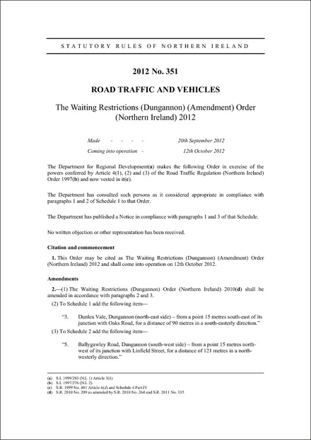 The Waiting Restrictions (Dungannon) (Amendment) Order (Northern Ireland) 2012