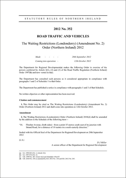 The Waiting Restrictions (Londonderry) (Amendment No. 2) Order (Northern Ireland) 2012