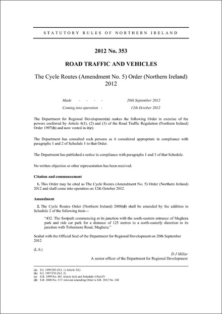 The Cycle Routes (Amendment No. 5) Order (Northern Ireland) 2012
