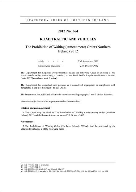 The Prohibition of Waiting (Amendment) Order (Northern Ireland) 2012