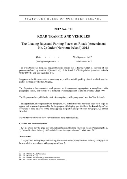 The Loading Bays and Parking Places on Roads (Amendment No. 2) Order (Northern Ireland) 2012