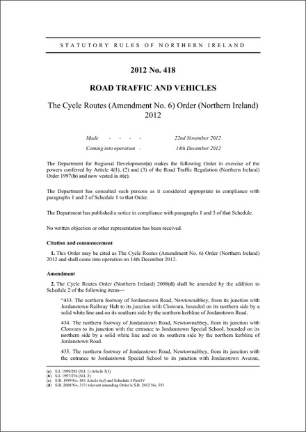 The Cycle Routes (Amendment No. 6) Order (Northern Ireland) 2012