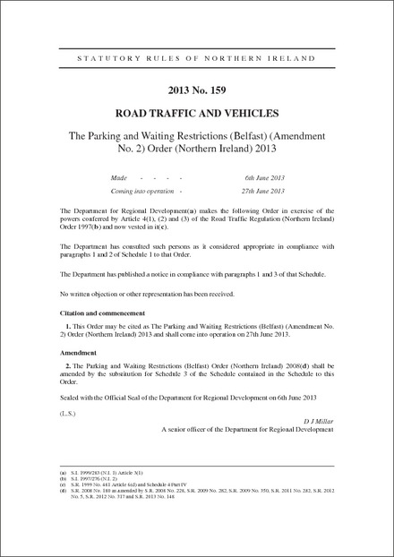The Parking and Waiting Restrictions (Belfast) (Amendment No. 2) Order (Northern Ireland) 2013