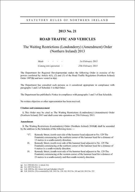 The Waiting Restrictions (Londonderry) (Amendment) Order (Northern Ireland) 2013