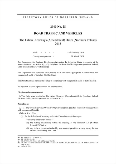 The Urban Clearways (Amendment) Order (Northern Ireland) 2013