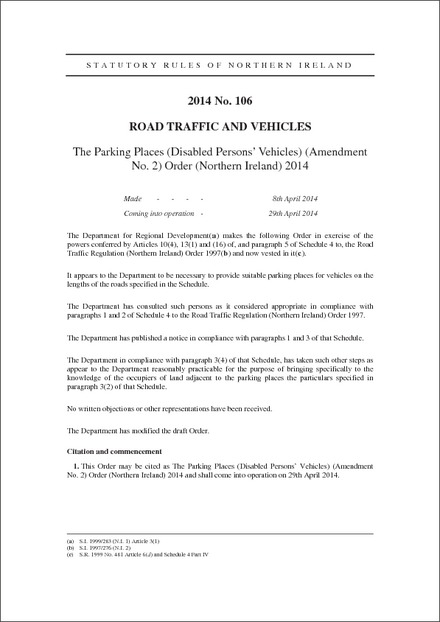 The Parking Places (Disabled Persons’ Vehicles) (Amendment No. 2) Order (Northern Ireland) 2014