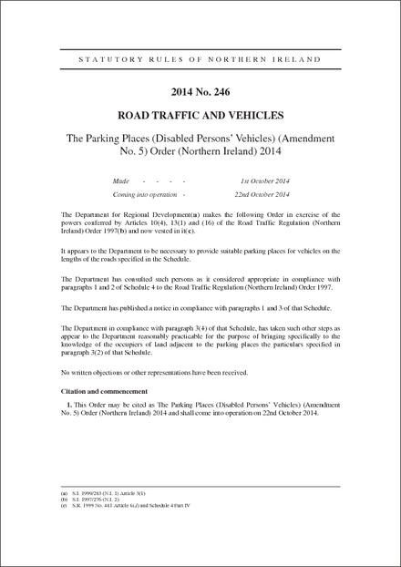 The Parking Places (Disabled Persons’ Vehicles) (Amendment No. 5) Order (Northern Ireland) 2014