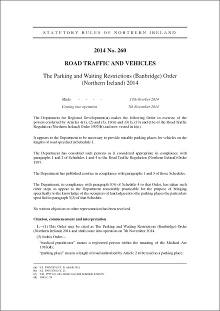 The Parking and Waiting Restrictions (Banbridge) Order (Northern Ireland) 2014