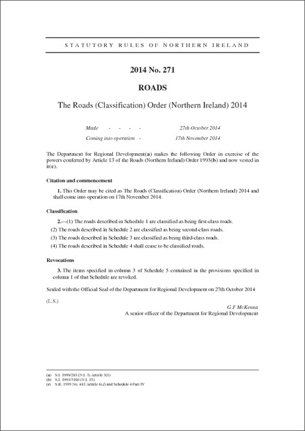 The Roads (Classification) Order (Northern Ireland) 2014
