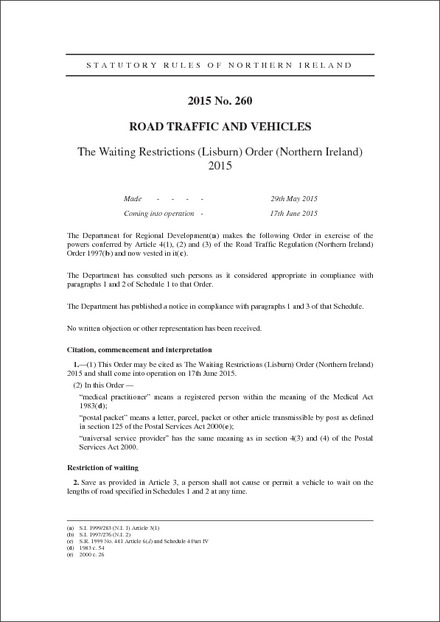 The Waiting Restrictions (Lisburn) Order (Northern Ireland) 2015