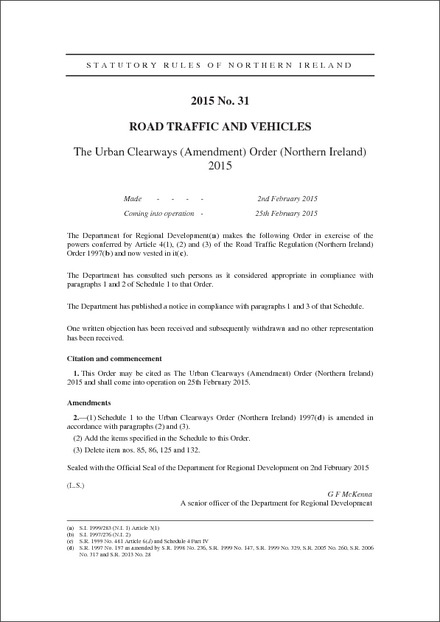 The Urban Clearways (Amendment) Order (Northern Ireland) 2015