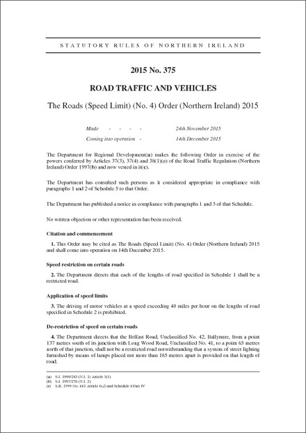 The Roads (Speed Limit) (No. 4) Order (Northern Ireland) 2015