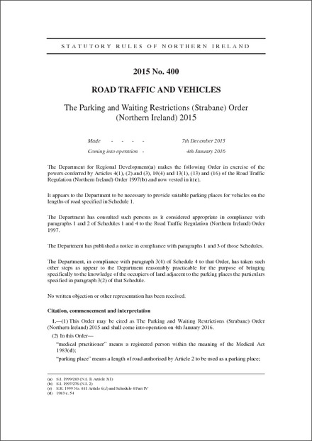 The Parking and Waiting Restrictions (Strabane) Order (Northern Ireland) 2015