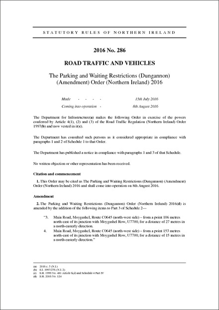 The Parking and Waiting Restrictions (Dungannon) (Amendment) Order (Northern Ireland) 2016