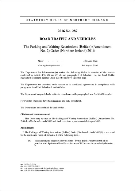 The Parking and Waiting Restrictions (Belfast) (Amendment No. 2) Order (Northern Ireland) 2016