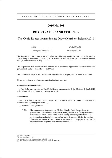 The Cycle Routes (Amendment) Order (Northern Ireland) 2016