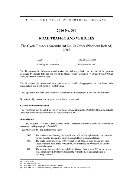 The Cycle Routes (Amendment No. 2) Order (Northern Ireland) 2016