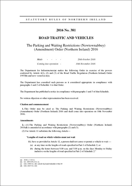 The Parking and Waiting Restrictions (Newtownabbey) (Amendment) Order (Northern Ireland) 2016