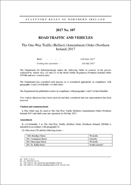 The One-Way Traffic (Belfast) (Amendment) Order (Northern Ireland) 2017
