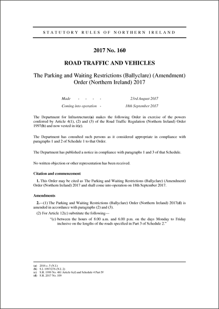 The Parking and Waiting Restrictions (Ballyclare) (Amendment) Order (Northern Ireland) 2017