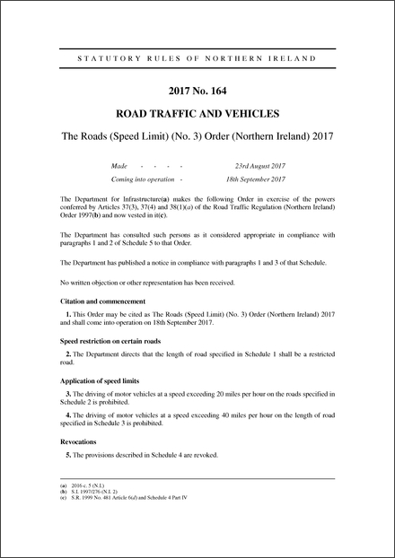 The Roads (Speed Limit) (No. 3) Order (Northern Ireland) 2017