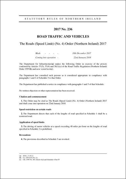 The Roads (Speed Limit) (No. 4) Order (Northern Ireland) 2017