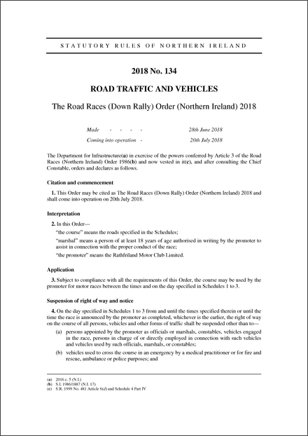 The Road Races (Down Rally) Order (Northern Ireland) 2018