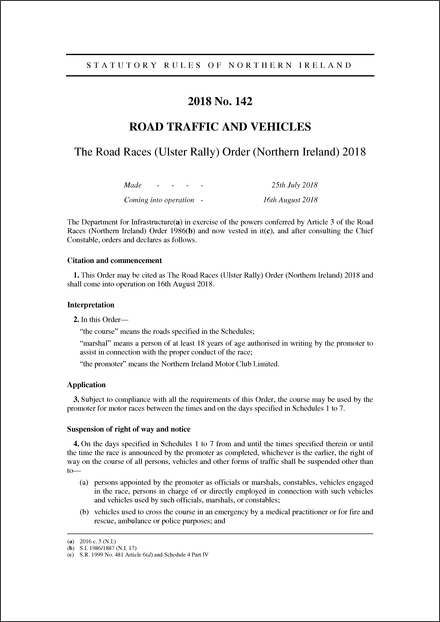 The Road Races (Ulster Rally) Order (Northern Ireland) 2018