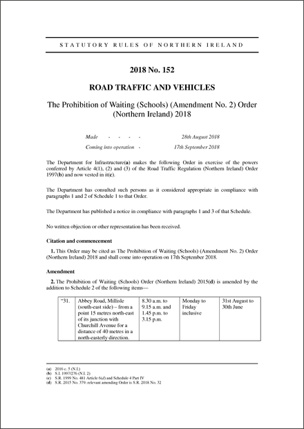The Prohibition of Waiting (Schools) (Amendment No. 2) Order (Northern Ireland) 2018