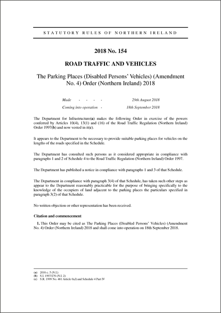 The Parking Places (Disabled Persons' Vehicles) (Amendment No. 4) Order (Northern Ireland) 2018