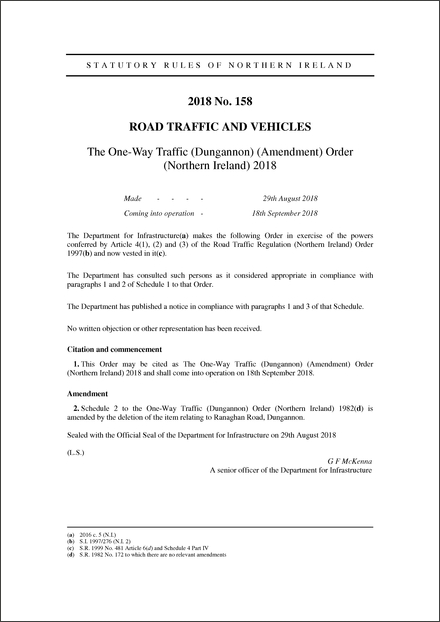 The One-Way Traffic (Dungannon) (Amendment) Order (Northern Ireland) 2018