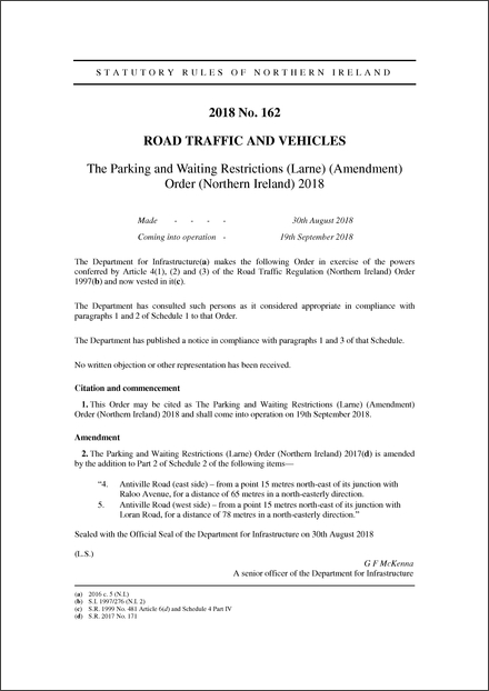 The Parking and Waiting Restrictions (Larne) (Amendment) Order (Northern Ireland) 2018