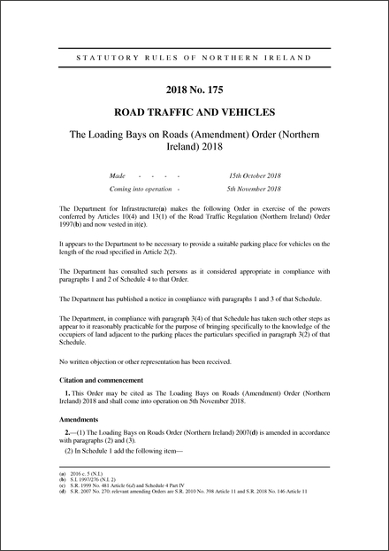 The Loading Bays on Roads (Amendment) Order (Northern Ireland) 2018