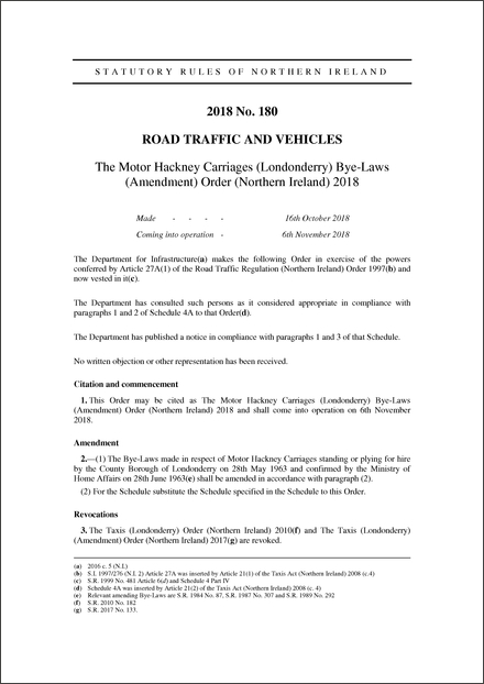 The Motor Hackney Carriages (Londonderry) Bye-Laws (Amendment) Order (Northern Ireland) 2018