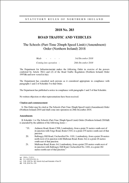The Schools (Part-Time 20mph Speed Limit) (Amendment) Order (Northern Ireland) 2018
