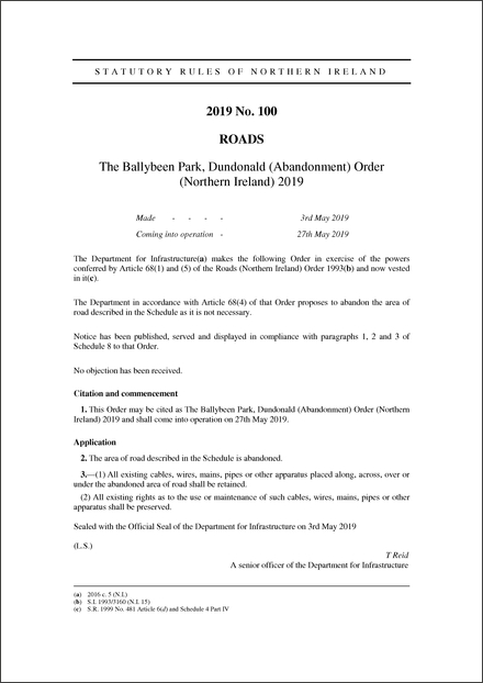 The Ballybeen Park, Dundonald (Abandonment) Order (Northern Ireland) 2019