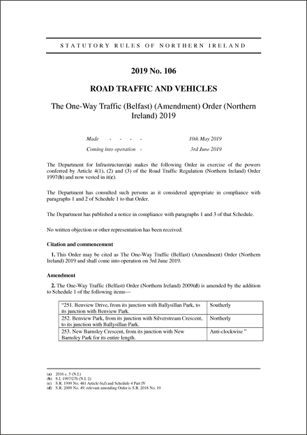 The One-Way Traffic (Belfast) (Amendment) Order (Northern Ireland) 2019