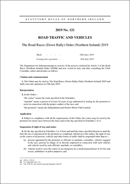 The Road Races (Down Rally) Order (Northern Ireland) 2019