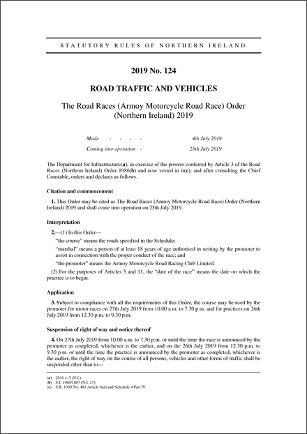 The Road Races (Armoy Motorcycle Road Race) Order (Northern Ireland) 2019