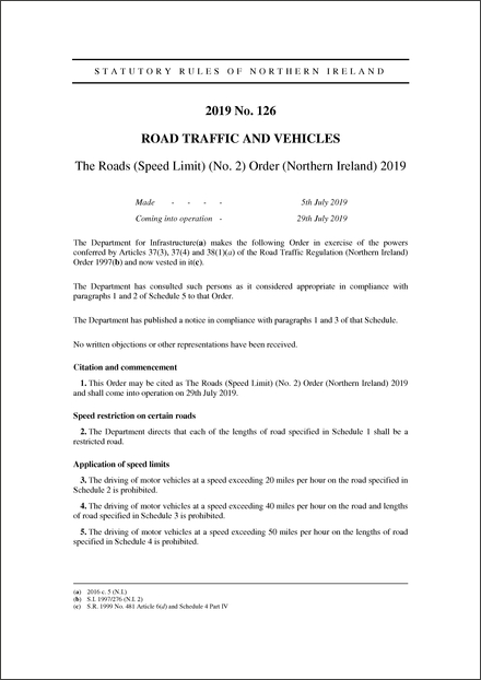 The Roads (Speed Limit) (No. 2) Order (Northern Ireland) 2019