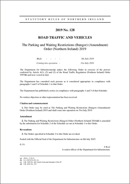 The Parking and Waiting Restrictions (Bangor) (Amendment) Order (Northern Ireland) 2019