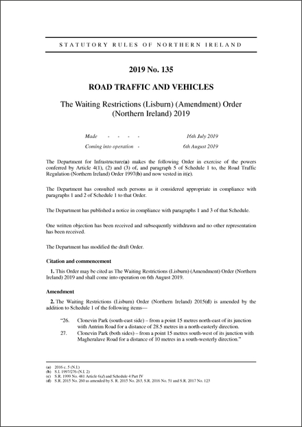 The Waiting Restrictions (Lisburn) (Amendment) Order (Northern Ireland) 2019