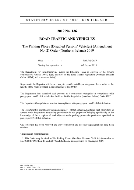 The Parking Places (Disabled Persons’ Vehicles) (Amendment No. 2) Order (Northern Ireland) 2019