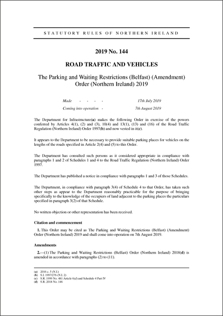 The Parking and Waiting Restrictions (Belfast) (Amendment) Order (Northern Ireland) 2019