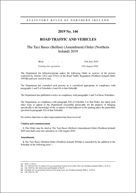 The Taxi Buses (Belfast) (Amendment) Order (Northern Ireland) 2019