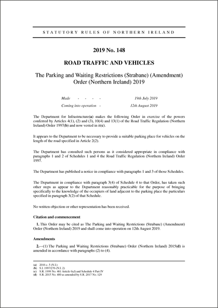 The Parking and Waiting Restrictions (Strabane) (Amendment) Order (Northern Ireland) 2019