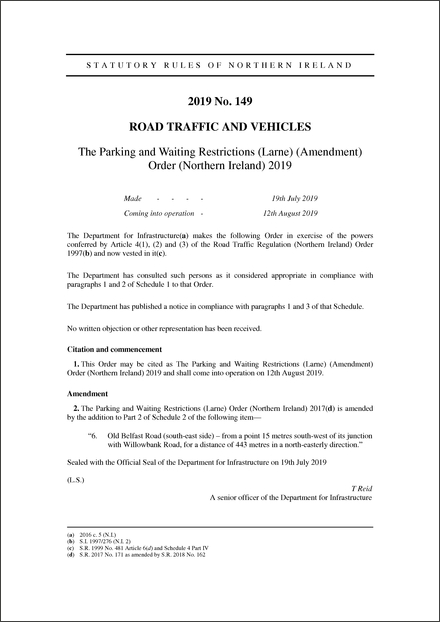 The Parking and Waiting Restrictions (Larne) (Amendment) Order (Northern Ireland) 2019