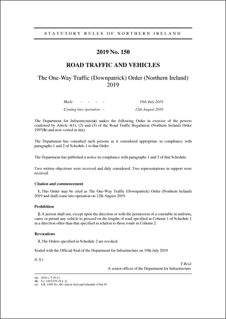 The One-Way Traffic (Downpatrick) Order (Northern Ireland) 2019